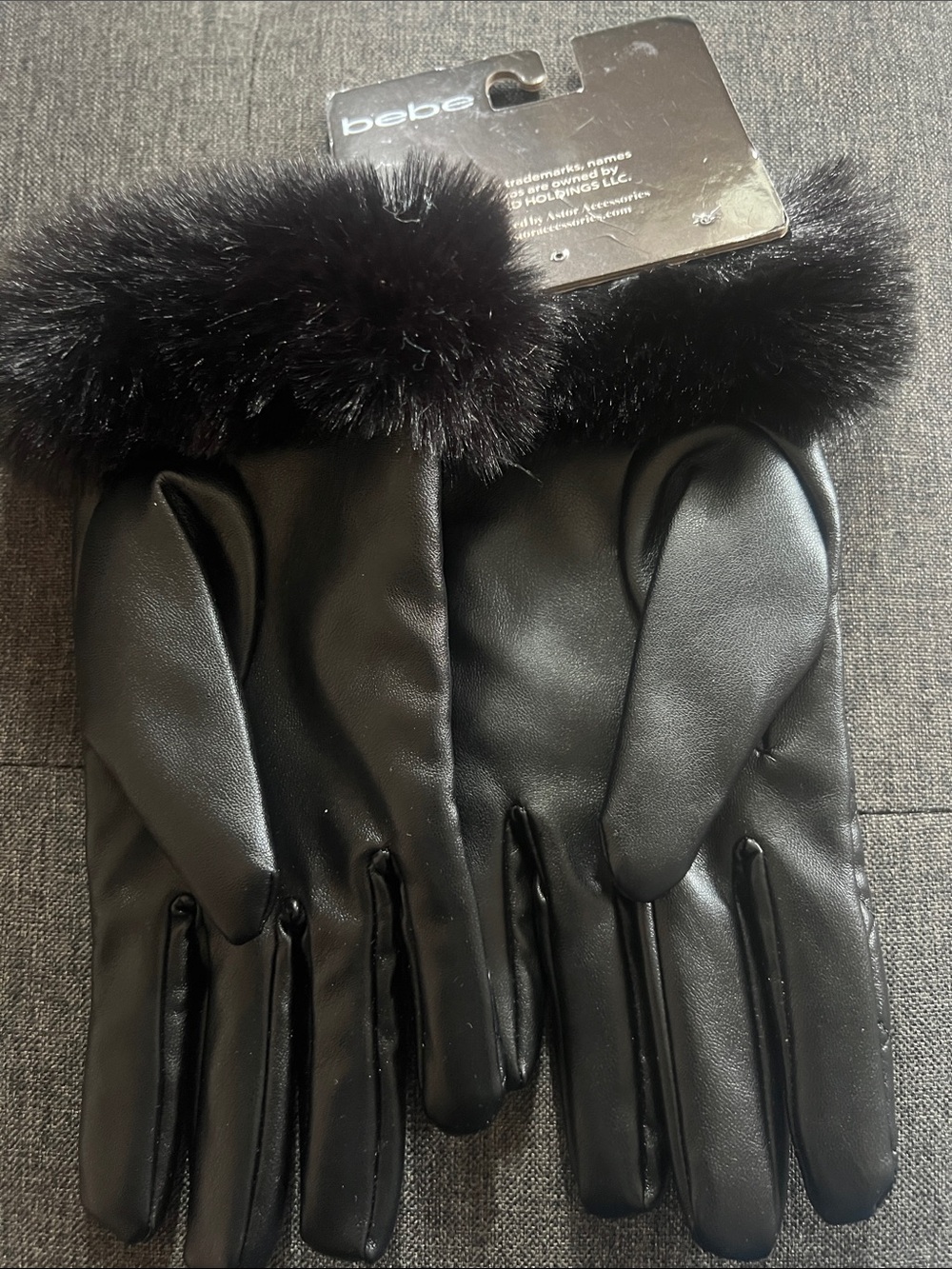 bebe Black Quilted Faux Leather Gloves with Fur Trim and Rhinestone Logo - Picture 2 of 3